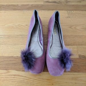 Restricted fur pom pom leather suede flats purple